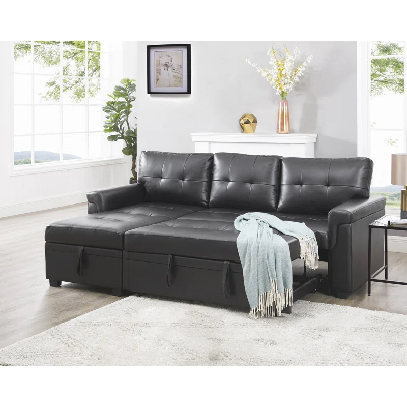 Fane+L-Shaped+84_+Air+Leather+Sleeper+Reversible+Sofa+Upholstered+Pull+Out+Couch+with+Storage+chaise (4) Greek Avano Leather Sofa Bed